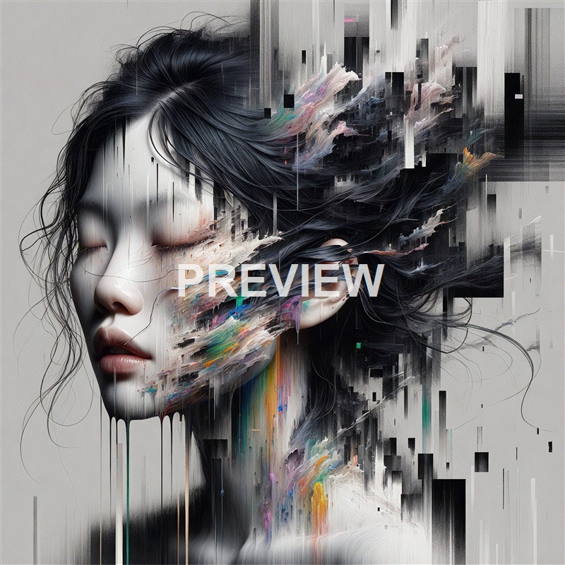 A digital artwork of a woman's face with closed eyes, featuring flowing hair that blends into abstract, glitch-like elements and streaks of color, creating a surreal and fragmented visual effect.